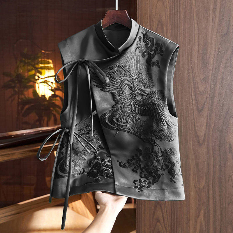 Chinese Style Vest Coat Retro Heavy Industry White Stork Embroidery Tie-neck - Image 6