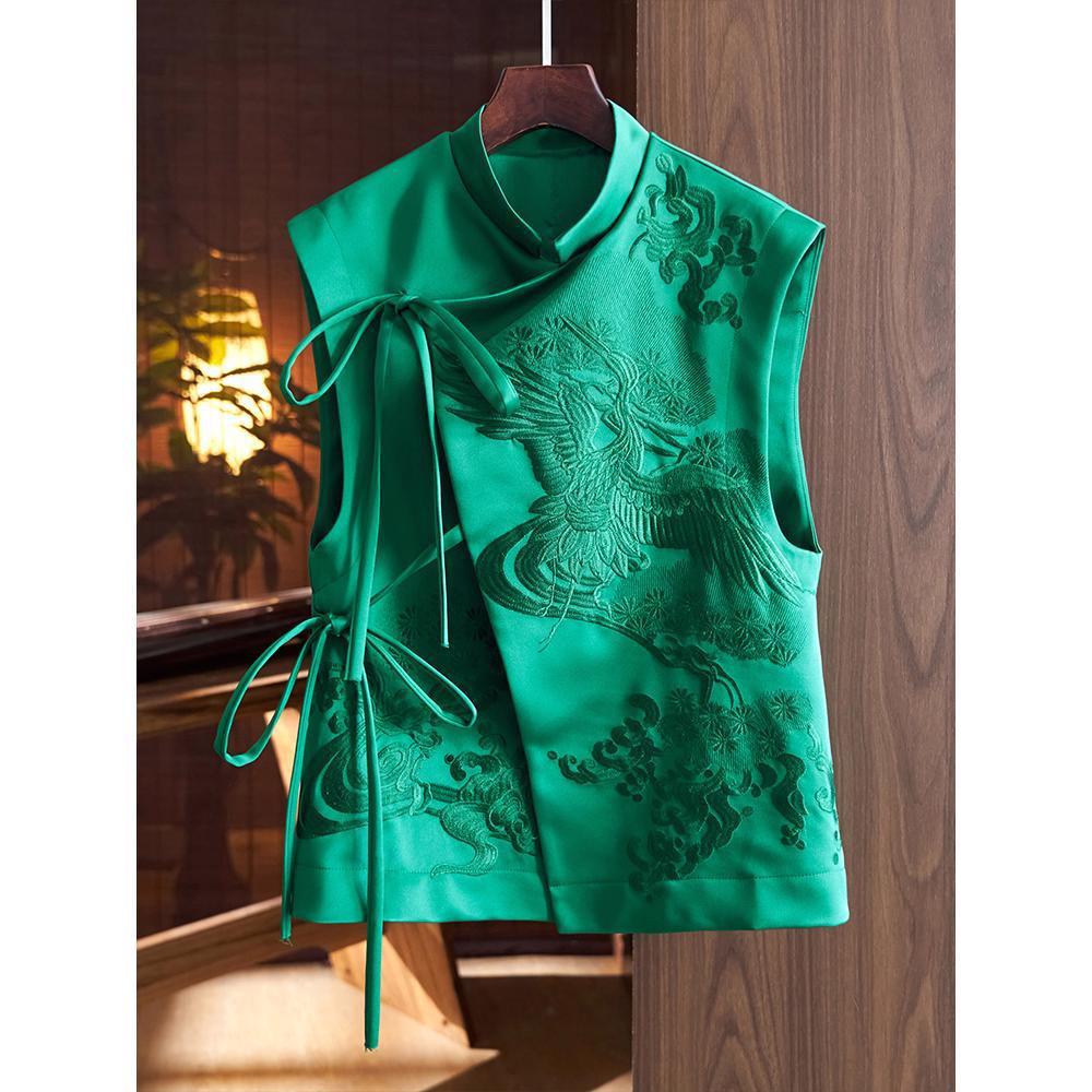 Chinese Style Vest Coat Retro Heavy Industry White Stork Embroidery Tie-neck - Image 3