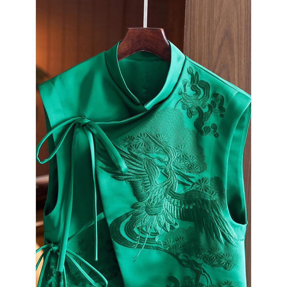 Chinese Style Vest Coat Retro Heavy Industry White Stork Embroidery Tie-neck - Image 4