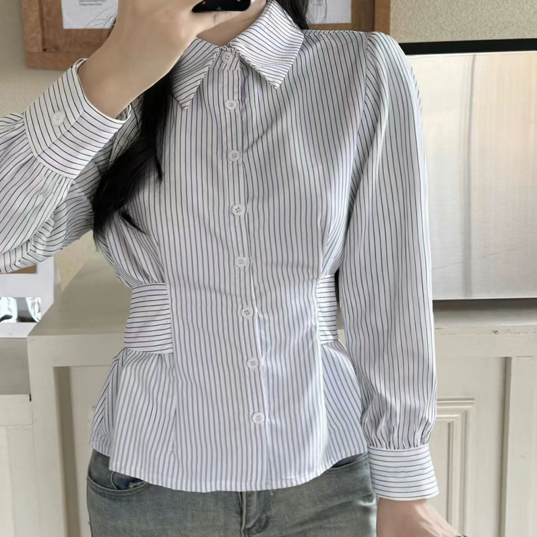 Womens Casual Commuter Striped Shirt With A Defined Waistline And Personalized Style - Image 3