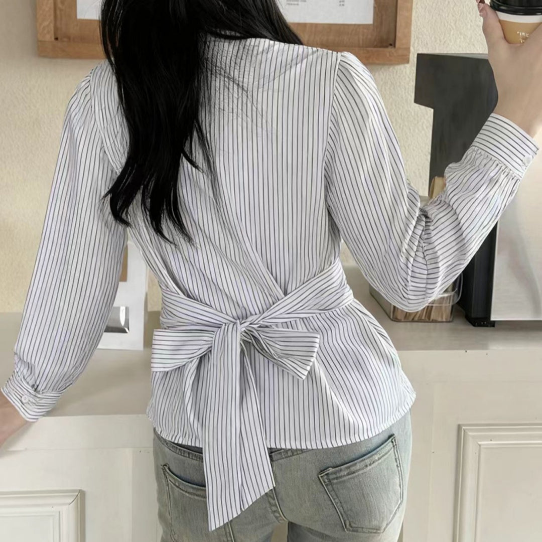 Womens Casual Commuter Striped Shirt With A Defined Waistline And Personalized Style - Image 5