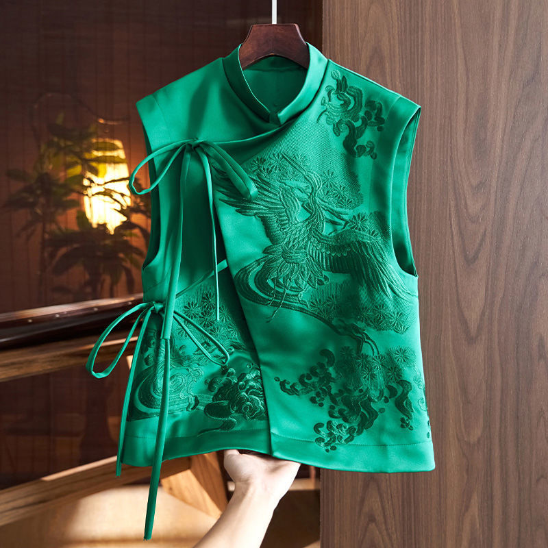 Chinese Style Vest Coat Retro Heavy Industry White Stork Embroidery Tie-neck - Image 5